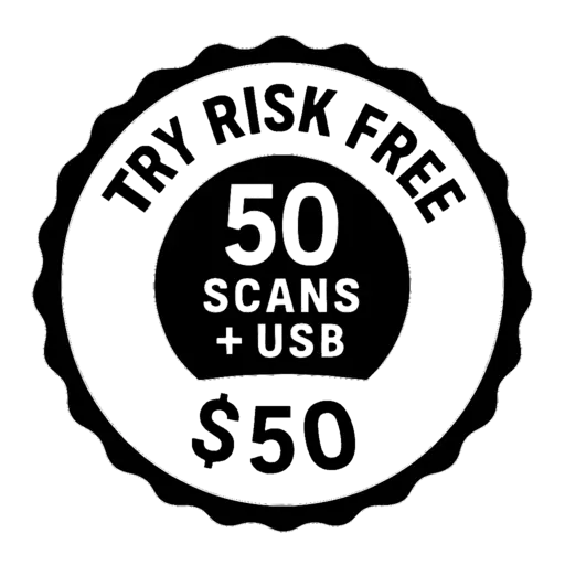Special offer badge showing $50 for 50 photo scans and a USB Drive
